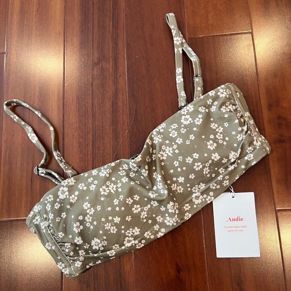 Andie Green Bikini Top Swim Bora Bora‎ Ditsy Floral Olive Square Neck New Small